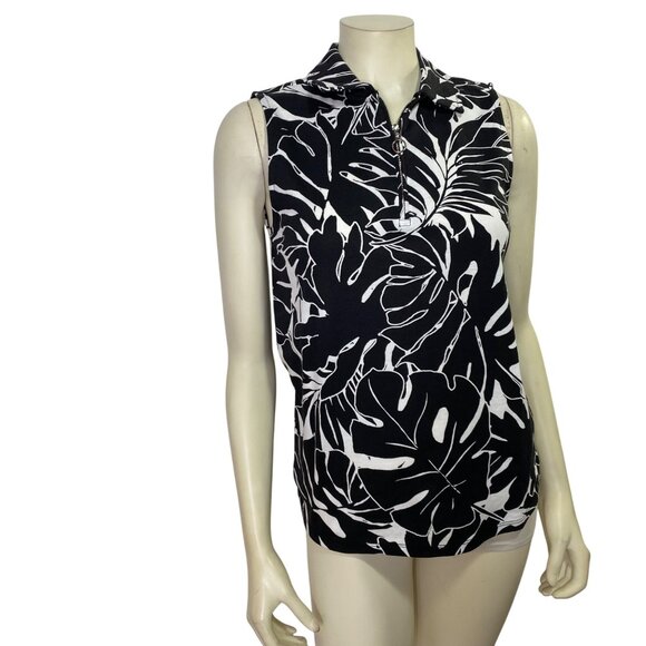 Rafaella $49 Sleeveless Black & White Leaf Print Collared Polo Shirt XL NWT‎ - Picture 1 of 12